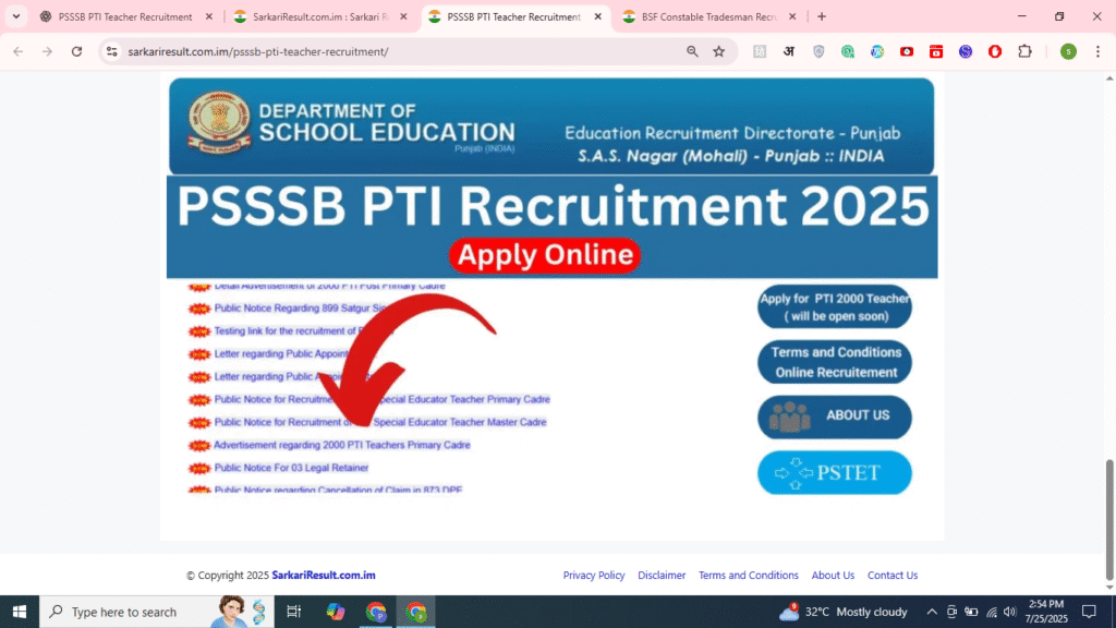PSSSB PTI Teacher Recruitment